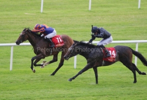 27 June 2020; Santiago, Seamie Heffernan up, striped cap, holds the challenge of Tiger Moth, Emmet McNamara up, to claim The Dubai Duty Free Irish Derby at The Curragh.© Peter Mooney, 59 Upper George's Street, Dun Laoghaire, Co. Dublin, A96 H2R3, Ireland  Tel: 00 353 (0)86 2589298