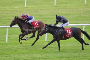 27 June 2020; Santiago, Seamie Heffernan up, striped cap, holds the challenge of Tiger Moth, Emmet McNamara up, to claim The Dubai Duty Free Irish Derby at The Curragh.© Peter Mooney, 59 Upper George's Street, Dun Laoghaire, Co. Dublin, A96 H2R3, Ireland  Tel: 00 353 (0)86 2589298