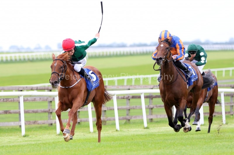 30 August 2019;   CAYENNE PEPPER, Shane Foley up, left, are comfortable victors over So Wonderful, Ryan Moore up, in The Flame Of Tara Irish  European Breeders Fund Stakes at The Curragh.      © Peter Mooney, 59 Upper George's Street, Dun Laoghaire, Co. Dublin A96 H2R3, Ireland.    Tel:  00 353 (0)86 2589298