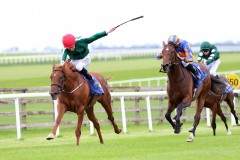 30 August 2019;   CAYENNE PEPPER, Shane Foley up, left, are comfortable victors over So Wonderful, Ryan Moore up, in The Flame Of Tara Irish  European Breeders Fund Stakes at The Curragh.      © Peter Mooney, 59 Upper George's Street, Dun Laoghaire, Co. Dublin A96 H2R3, Ireland.    Tel:  00 353 (0)86 2589298